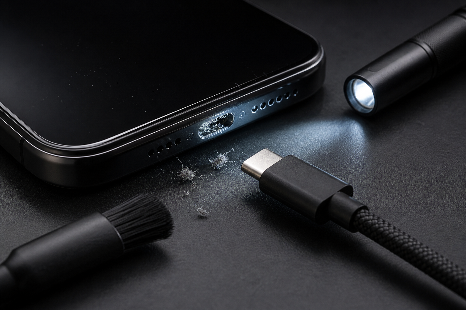Zbliżenie na port ładowania telefonu, kabel i latarkę diagnostyczną